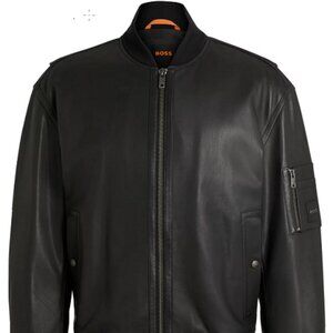 Brand New Hugo BOSS - Relaxed-fit leather jacket with branded sleeve pocket